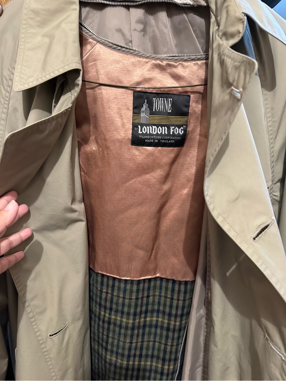 London Fog Tan Trench Coat with Plaid Lining - Picture 2 of 6